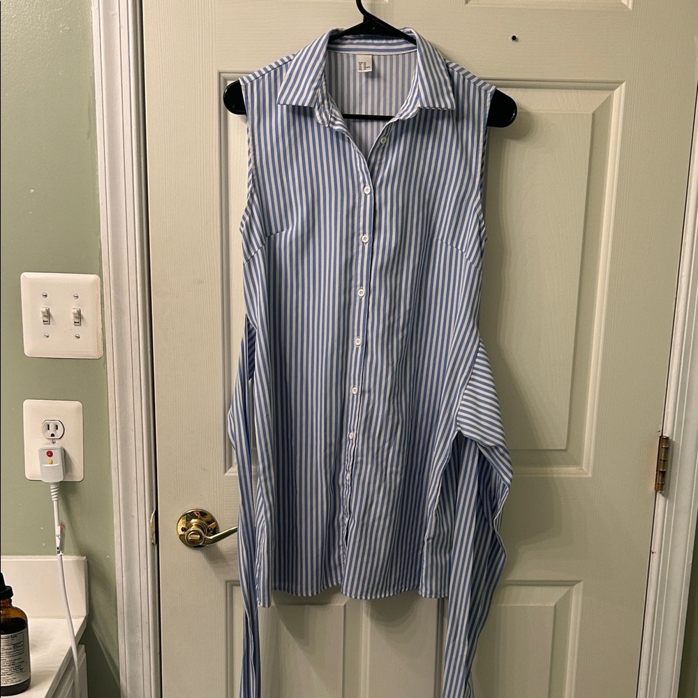 Blue and White Striped Sleeveless Shirt Dress